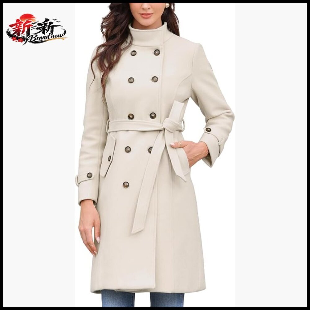 Polyester Pea Coat with Belt Double Breasted Trench Winter Coat